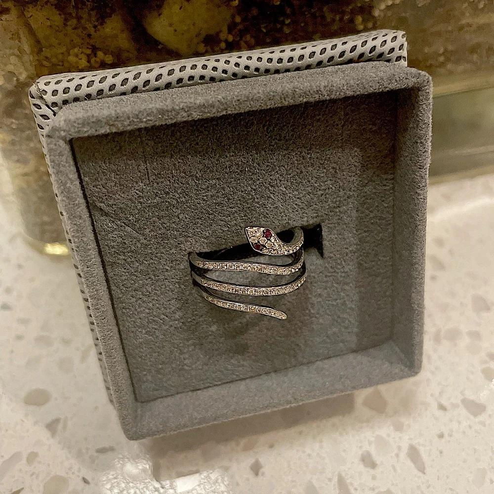 Anne Sisteron snake 14k white gold, .33 carats natural diamonds, .02 ruby size 6